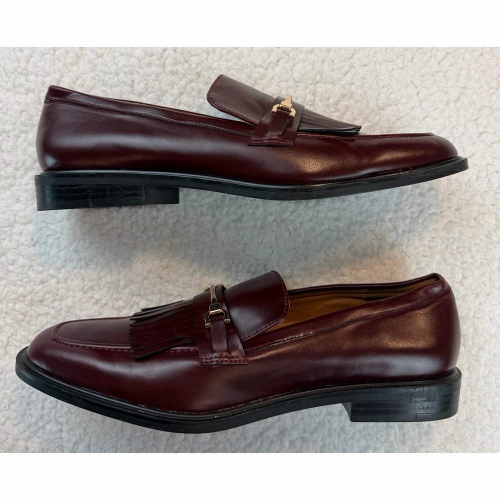 ZARA • Burgundy Leather Fringe Loafers w/ Gold Horsebit Hardware, EU 40 (US 9) - Picture 14 of 16